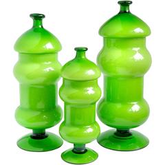 Empoli Green Over White Italian Art Glass Container Set 9