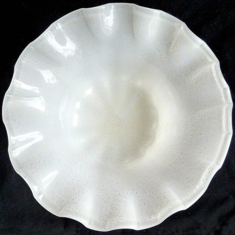 Murano White and Gold Flecks Fish Stem Italian Art Glass Compote Bowls