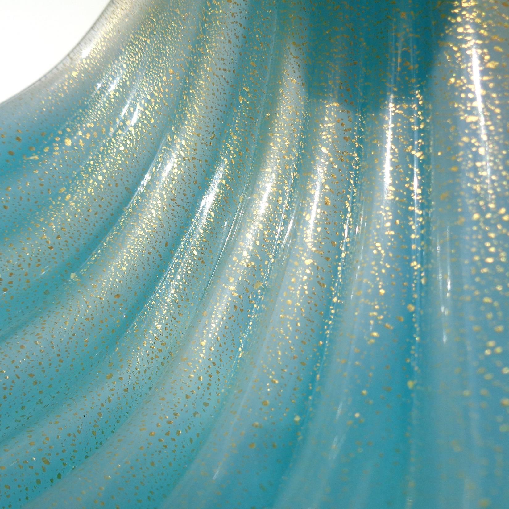 Seguso Murano Opal Blue Gold Flecks Italian Art Glass Seashell Dishes 1