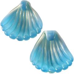 Seguso Murano Opal Blue Gold Flecks Italian Art Glass Seashell Dishes