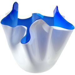 Murano Cobalt Blue White Italian Art Glass Fazzoletto Sculptural Vase