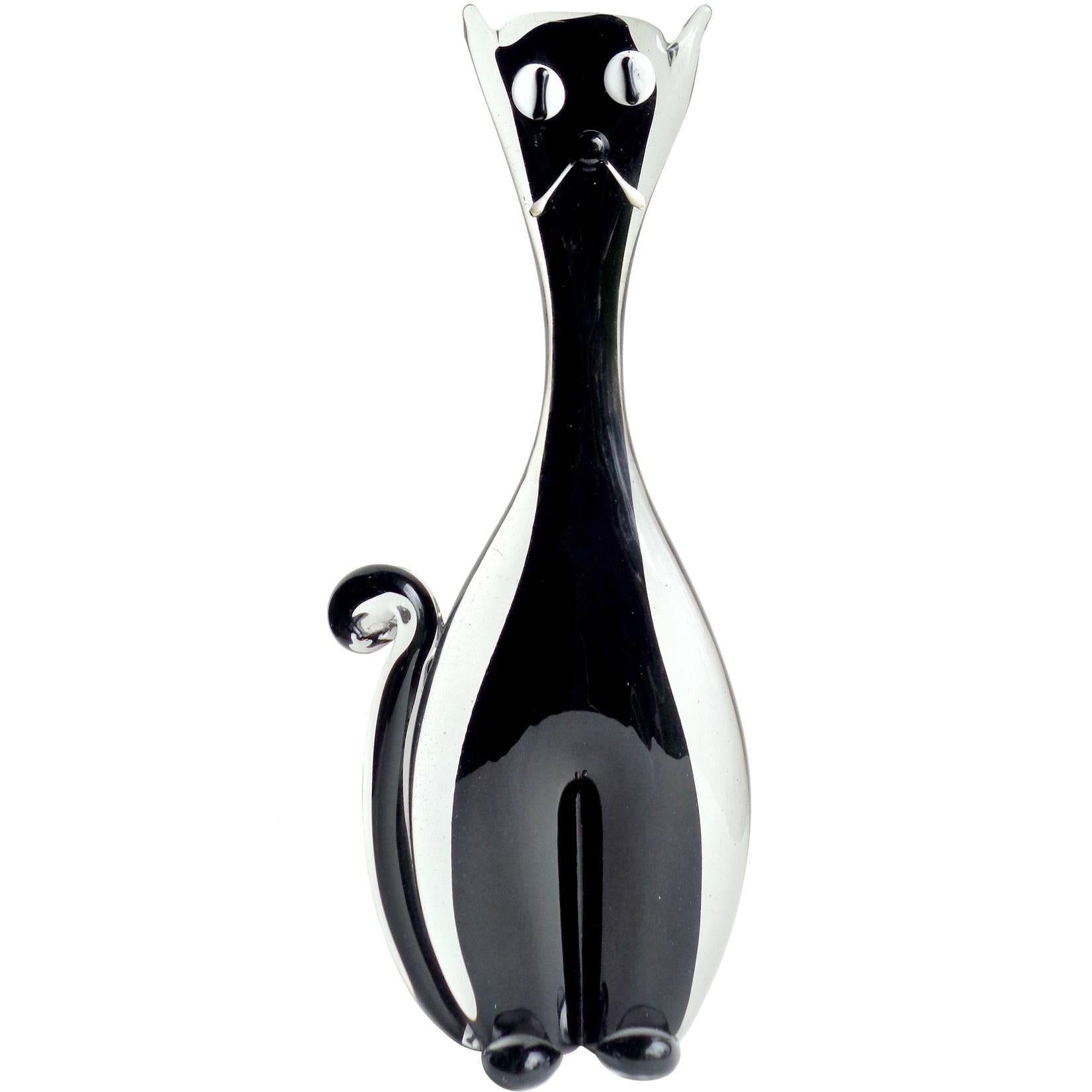 Murano Tall Flat Black Kitty Cat Vintage Italian Art Glass Sculpture