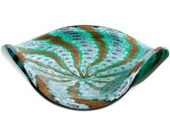 A.Ve.M. Murano Green Millefiori Flowers Aventurine Stripe Italian Art Glass Bowl