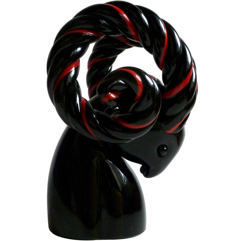 Cartier Murano Black Red Italian Art Glass Big Horn Ram Sculpture by Seguso For Sale at 1stdibs