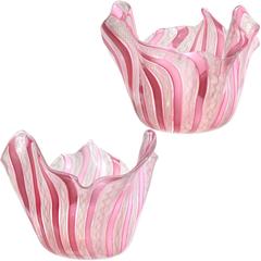 Fratelli Toso Murano Pink White Ribbons Italian Art Glass Fazzoletto Vases 5