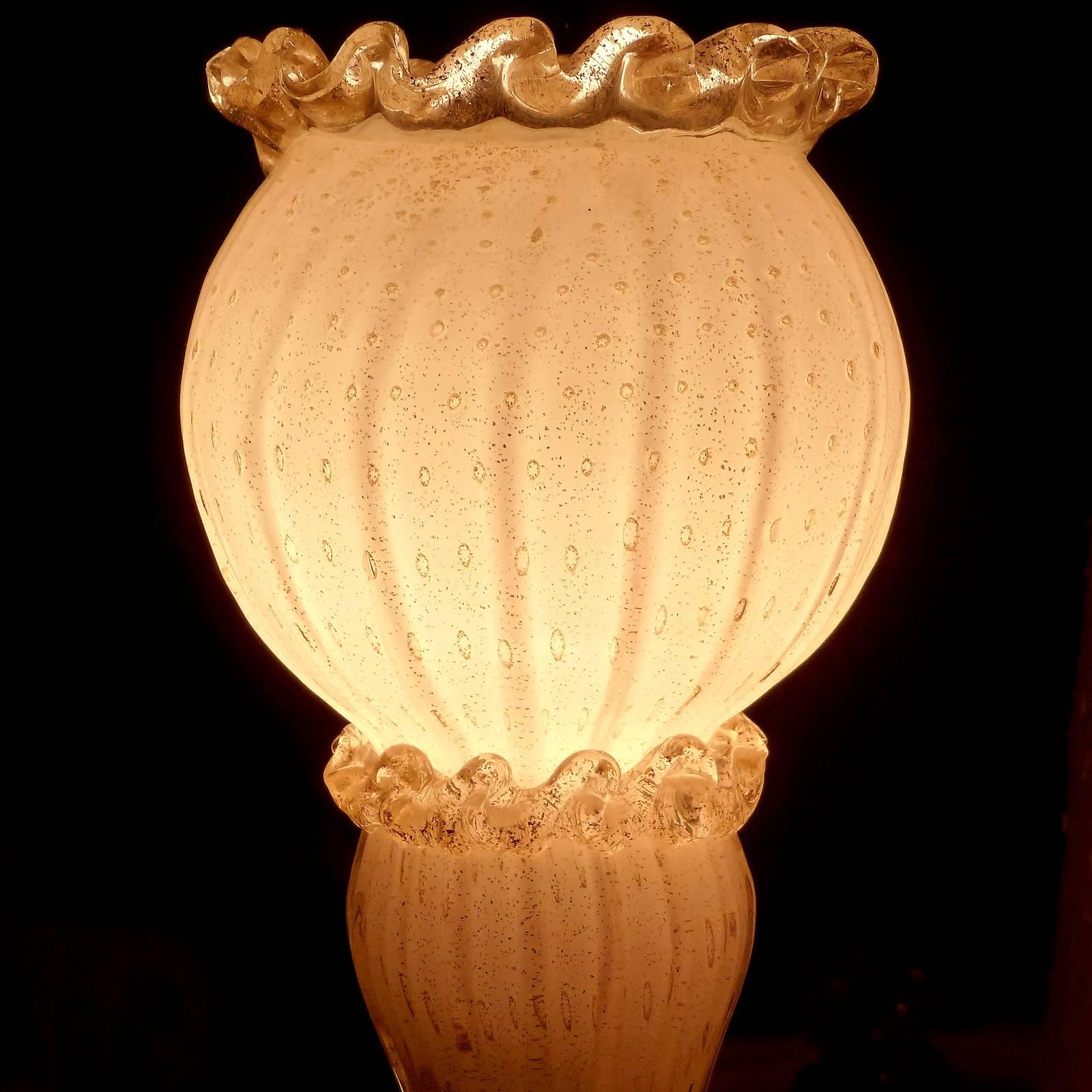 Murano White Gold Flecks Italian Art Glass, Marble, Brass Cherub Torch Lamps In Good Condition In Kissimmee, FL