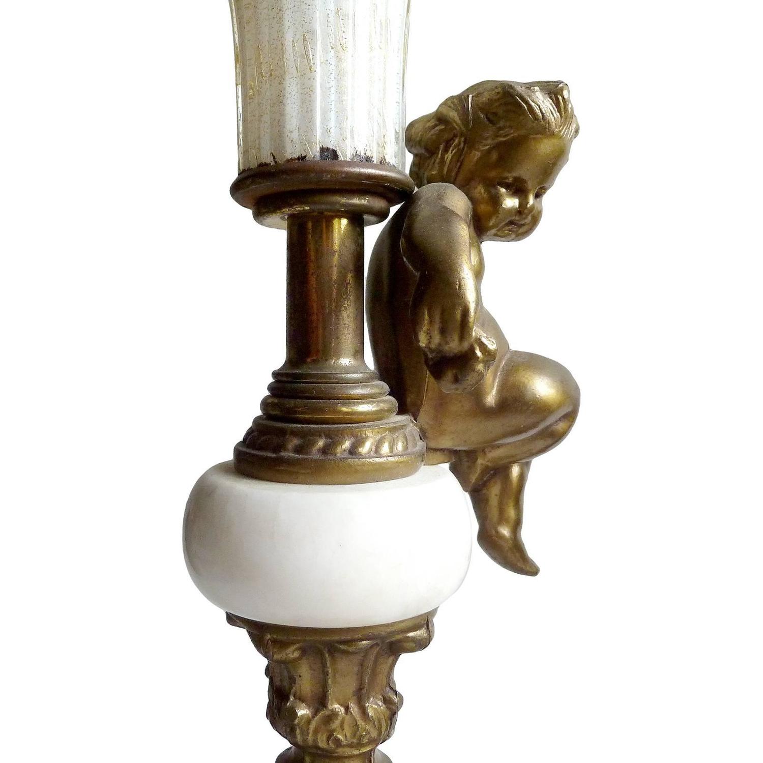 Murano White Gold Flecks Italian Art Glass, Marble, Brass Cherub Torch