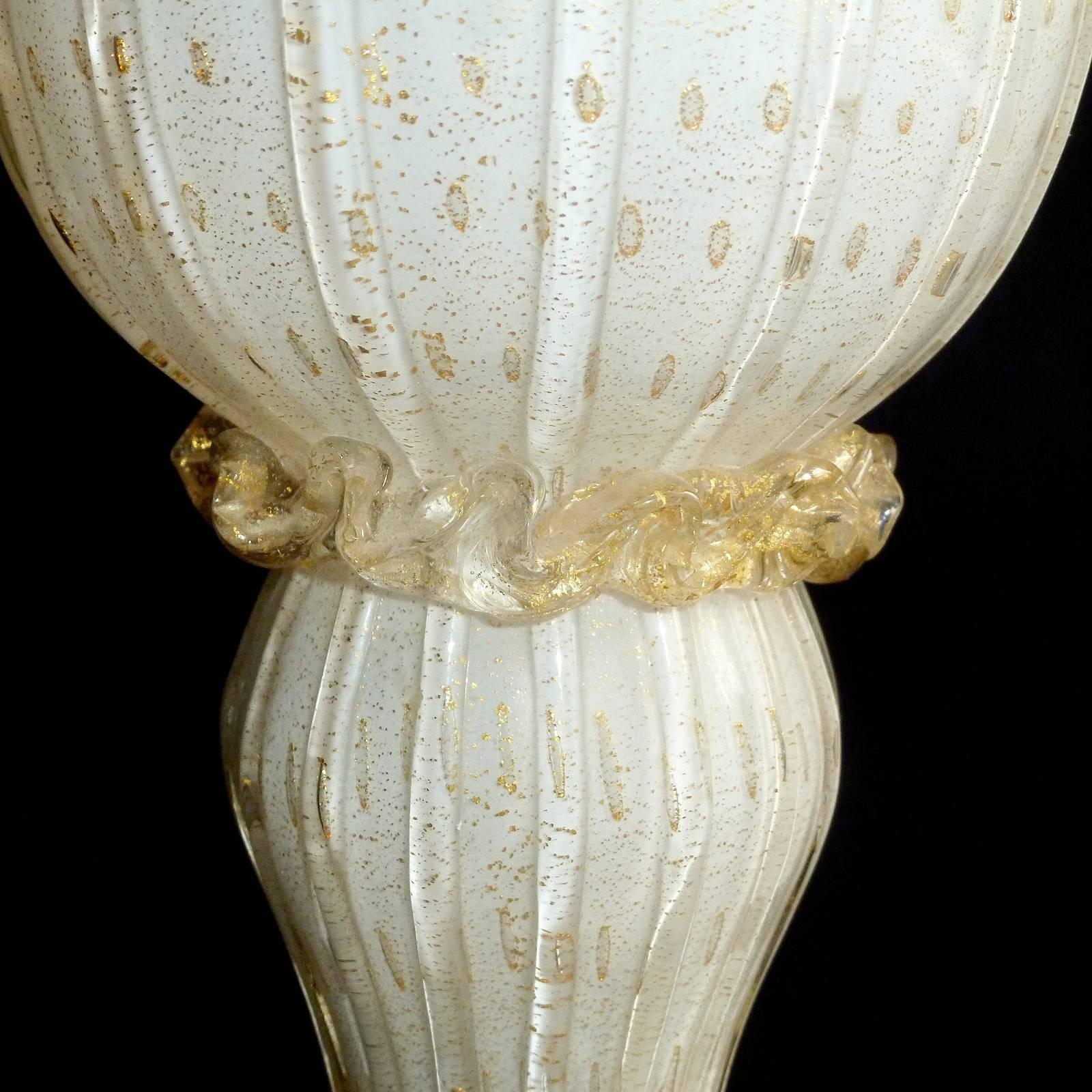 20th Century Murano White Gold Flecks Italian Art Glass, Marble, Brass Cherub Torch Lamps