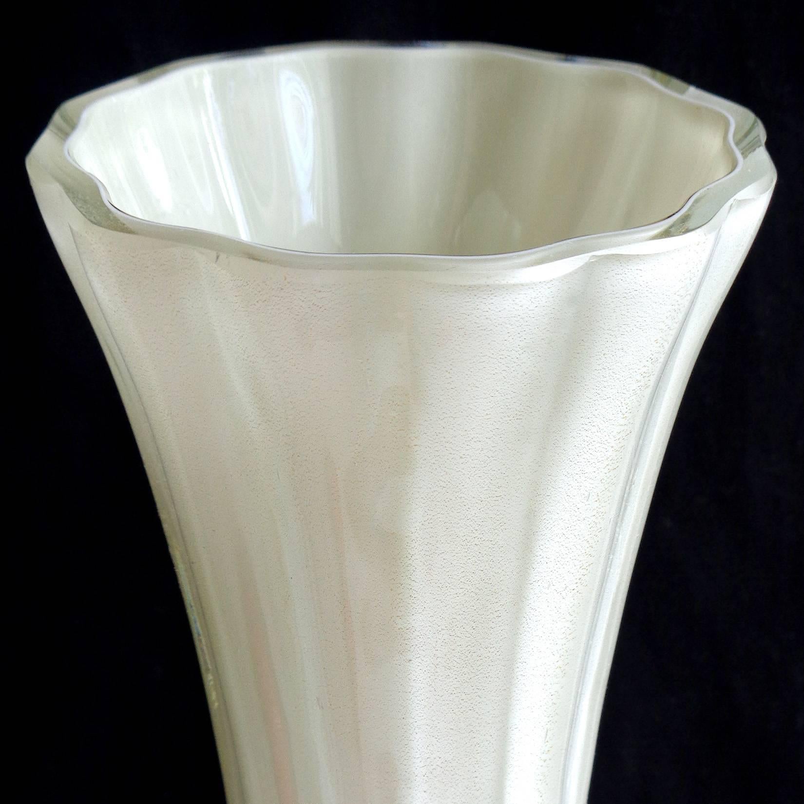 Mid-Century Modern Murano Bone White and Gold Flecks Ribbed Italian Art Glass Flower Vases
