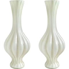 Murano Bone White and Gold Flecks Ribbed Italian Art Glass Flower Vases