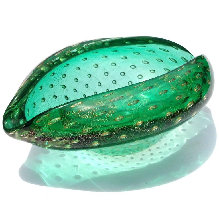 Murano Green Bubbles Gold Flecks Italian Art Glass Conch Seashell Bowl ...