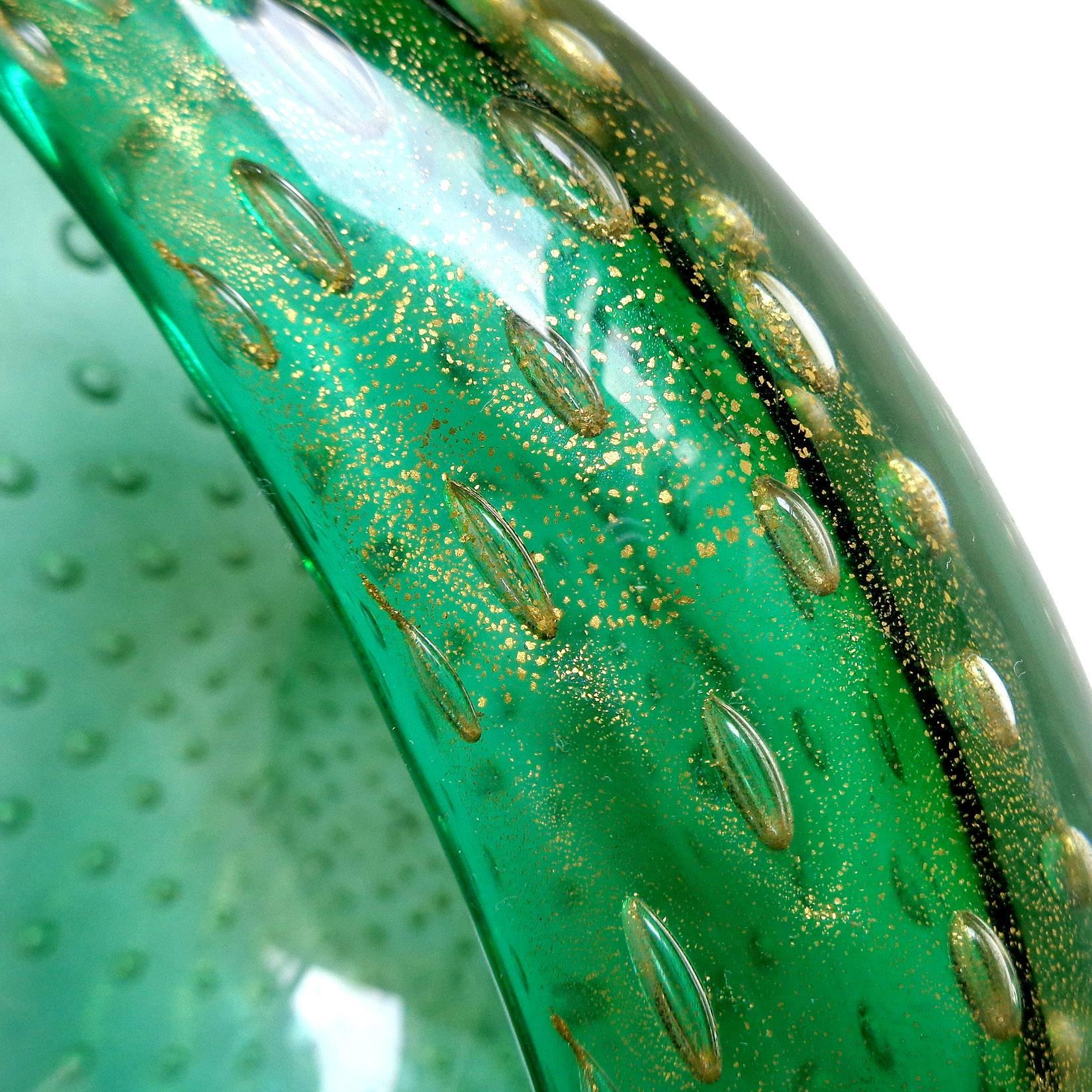 Mid-Century Modern Murano Green Bubbles Gold Flecks Italian Art Glass Conch Seashell Bowl