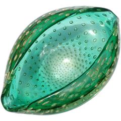 Murano Green Bubbles Gold Flecks Italian Art Glass Conch Seashell Bowl 10