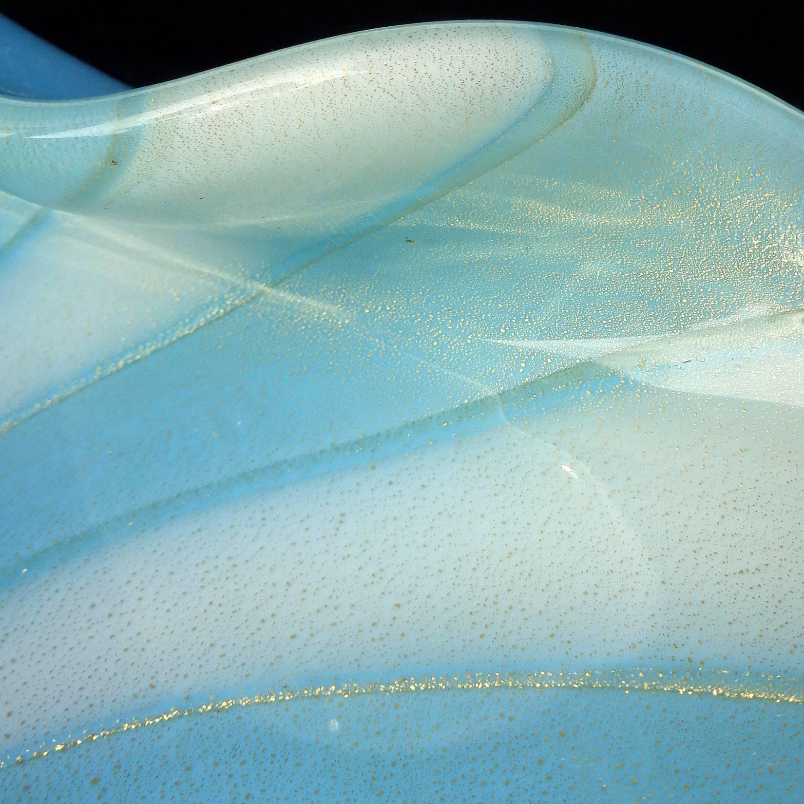 Hand-Crafted Alfredo Barbini Murano White Blue Gold Swirl Italian Art Glass Centerpiece Bowl