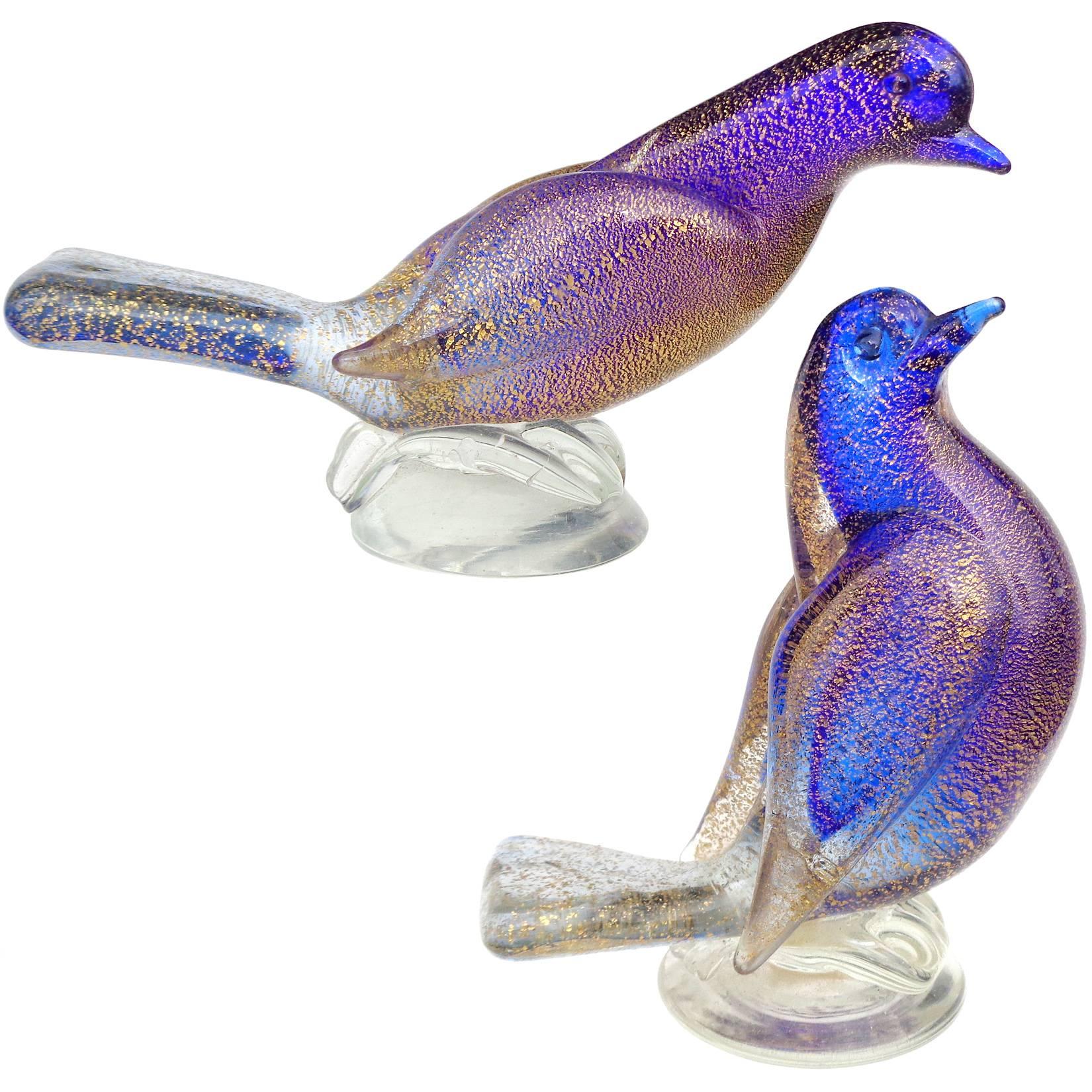 Archimede Seguso Murano Blue Gold Flecks Italian Art Glass Dove Birds Figures