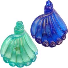 Archimede Seguso Murano Blue Green Gold Flecks Italian Art Glass Shell Dishes