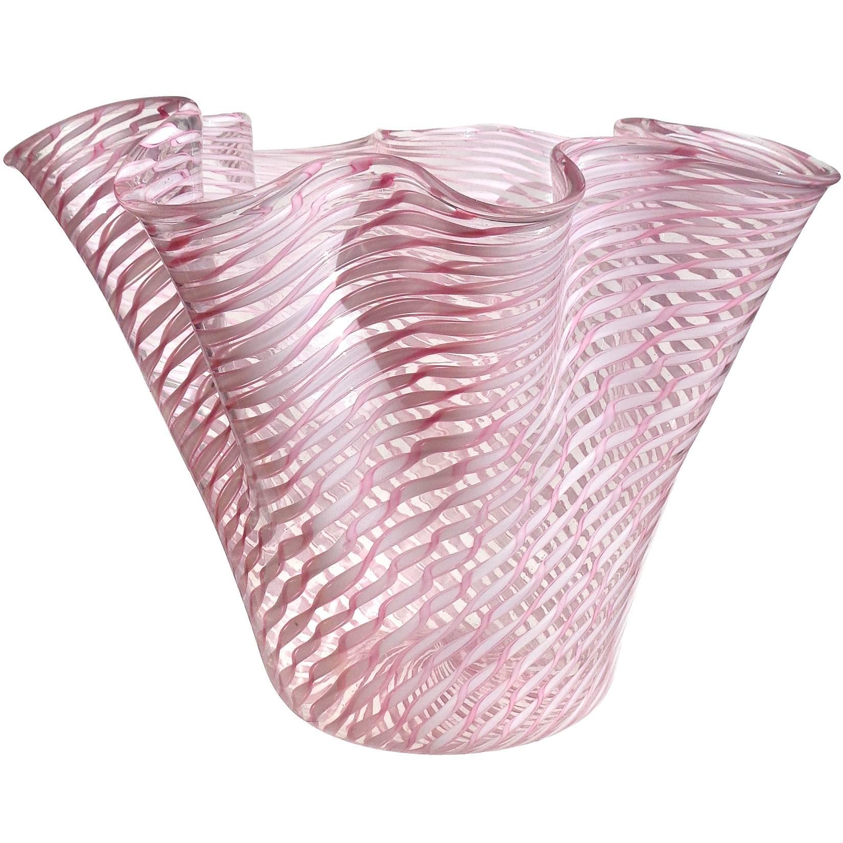 Fratelli Toso Murano Pink White Ribbons Italian Art Glass Flower Vase