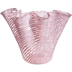 Fratelli Toso Murano Pink White Ribbons Italian Art Glass Flower Vase