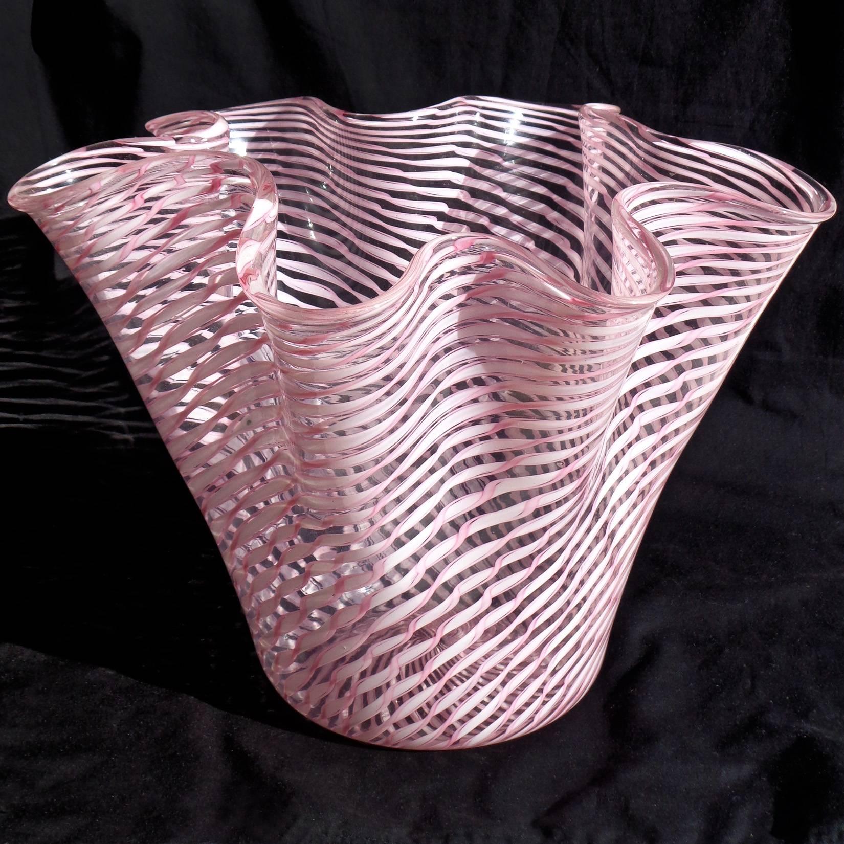 Mid-Century Modern Fratelli Toso Murano Pink White Ribbons Italian Art Glass Flower Vase