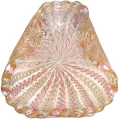 Fratelli Toso Murano Pink White Ribbons Gold Flecks Italian Art Glass Bowl 11