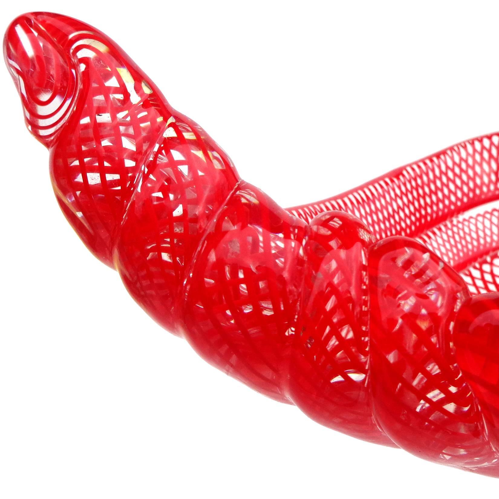 Hand-Crafted Murano Bright Red Coiled Ribbons Net Design Italian Art Glass Bowl Dish For Sale