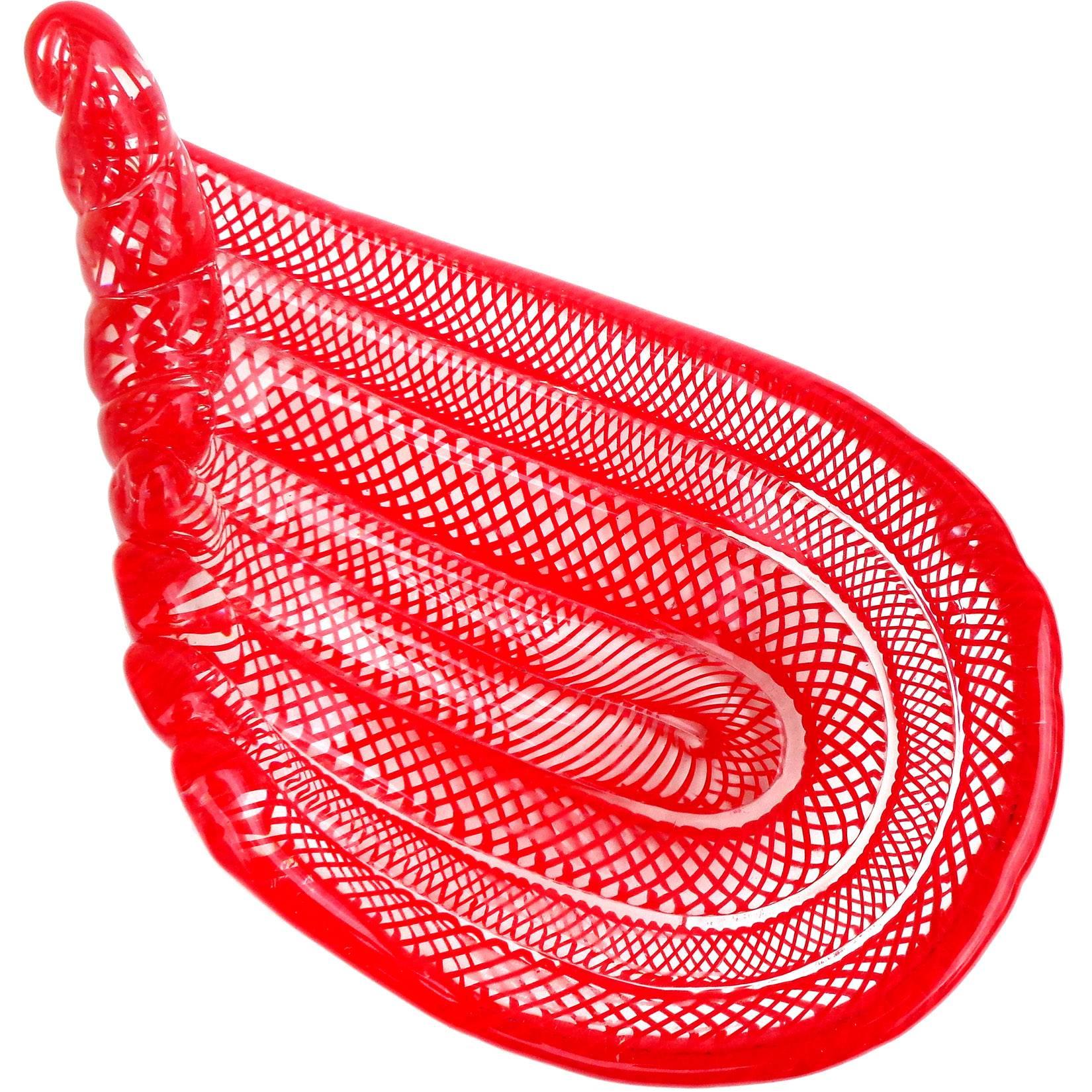 Murano Bright Red Coiled Ribbons Net Design Italian Art Glass Bowl Dish For Sale