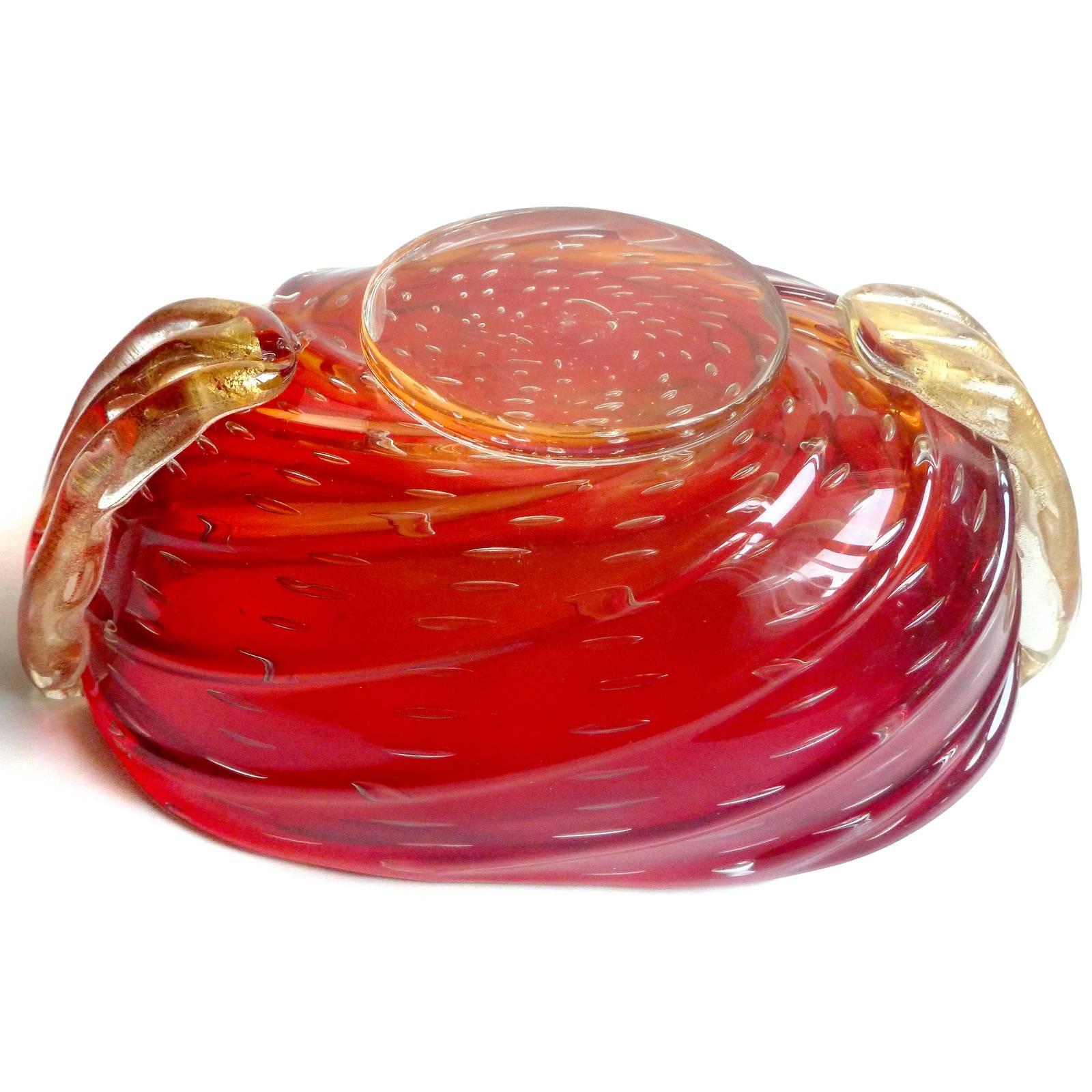 Barovier Toso Murano Red Orange Amberina Gold Italian Art Glass Bowl In Excellent Condition In Kissimmee, FL