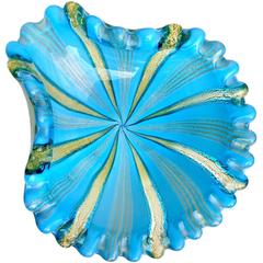 Murano Blue Aventurine Gold Flecks Italian Art Glass Decorative Bowl