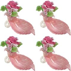 Barovier Toso Murano Pink Gold Italian Art Glass Leaf Dishes with Flowers 12