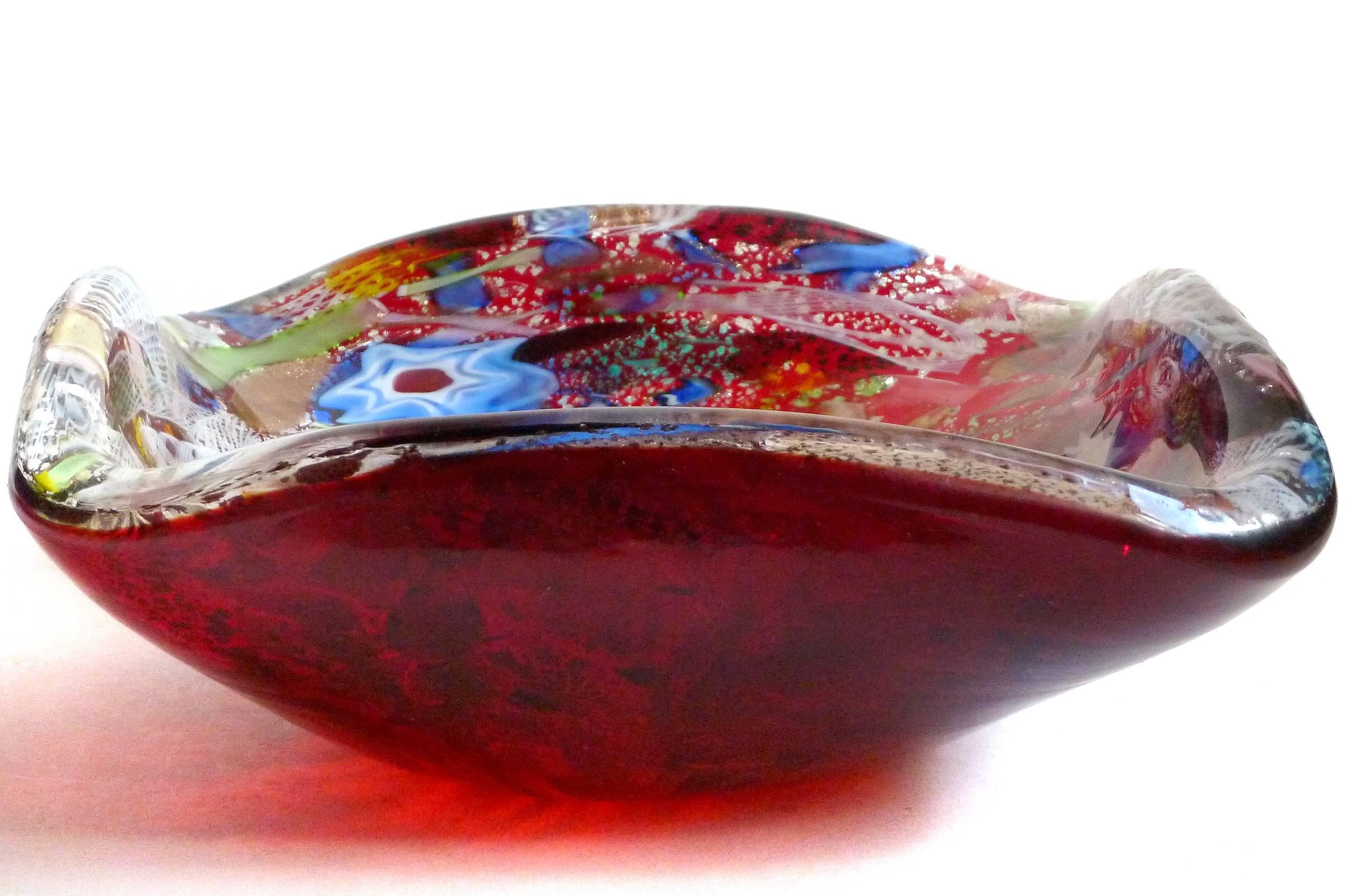 Hand-Crafted A.Ve.M. Murano Red Silver Fleck Zanfirico Ribbons Italian Art Glass Bowl