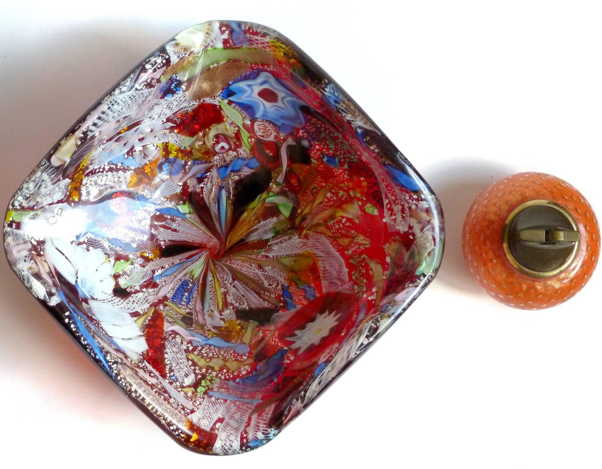 Mid-Century Modern A.Ve.M. Murano Red Silver Fleck Zanfirico Ribbons Italian Art Glass Bowl