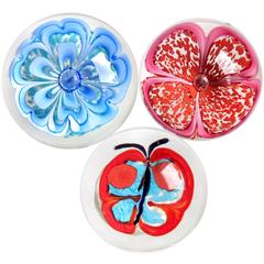 Fratelli Toso Murano Butterfly and Flowers Italian Art Glass Paperweights
