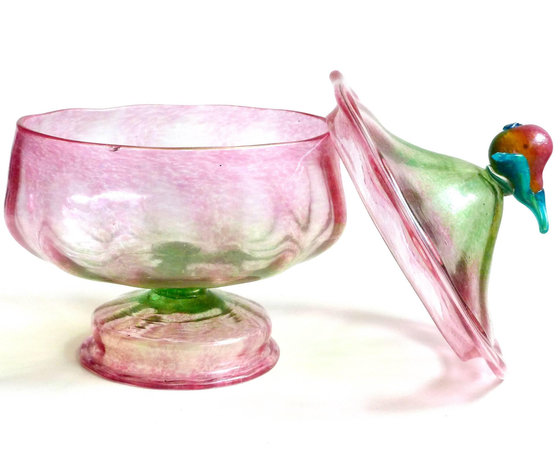 Free shipping worldwide! See details below description.

Rare antique Venetian hand blown pink to green and gold flecks art glass candy jar / container. Attributed to the Salviati company, circa 1900s (if not earlier). The piece has a decorative