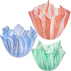 Venini Murano Signed Italian Art Glass Fazzoletto Handkerchief Vases