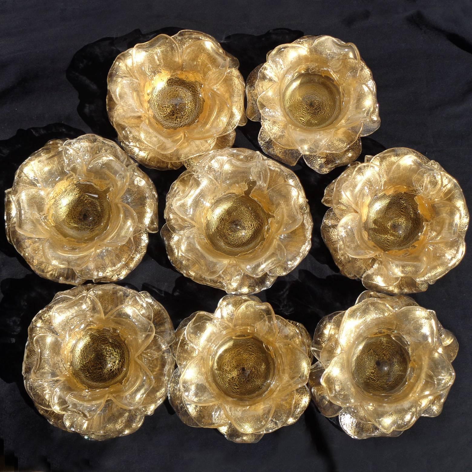 Hollywood Regency Seguso Vetri D' Arte Murano Gold Italian Art Glass Flower Bowls, Set of Eight
