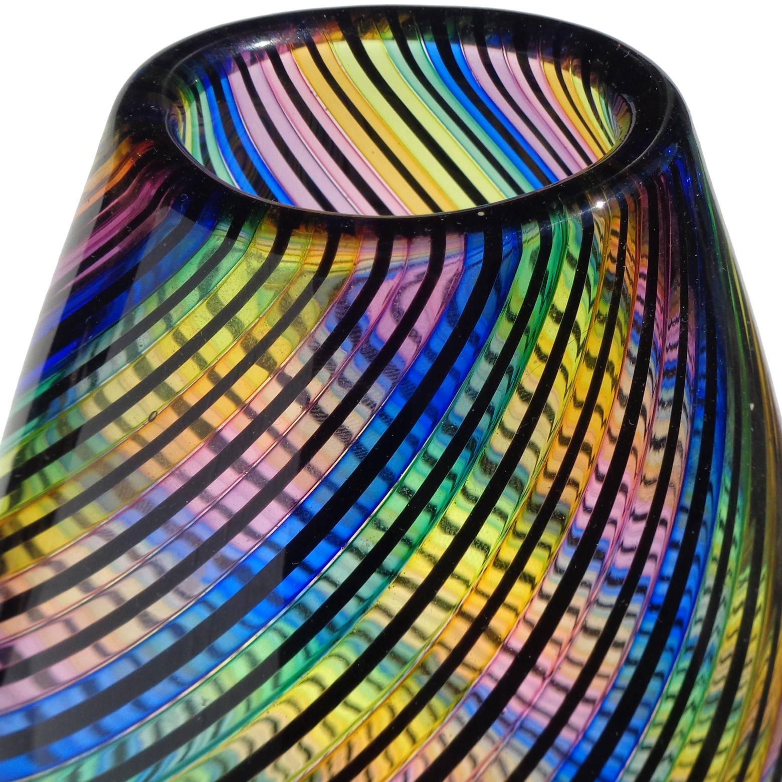Modern Signed Rainbow Colors with Black Swirling Ribbons Art Glass Flower Vase