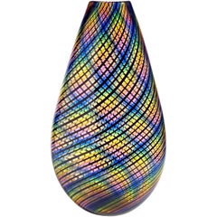 Signed Rainbow Colors with Black Swirling Ribbons Art Glass Flower Vase