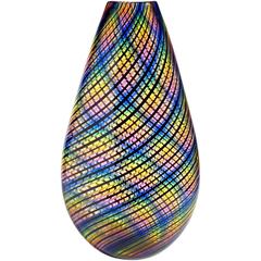 Rainbow Colors with Black Swirling Ribbons Art Glass Flower Vase 3
