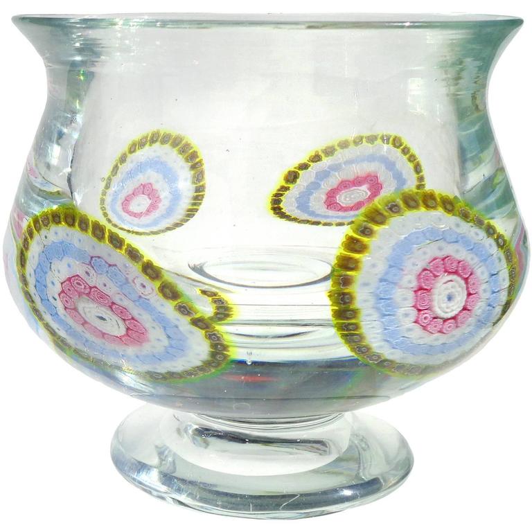 Murano Millefiori Flower Mosaic Italian Art Glass Footed Bowl For Sale at 1stdibs