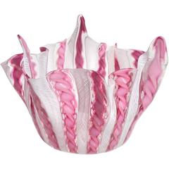 Fratelli Toso Murano Pink White Ribbons Italian Art Glass Fazzoletto Vase 12