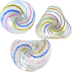 Murano Rainbow Zanfirico Latticino Ribbons Italian Art Glass Pin Ring Dishes