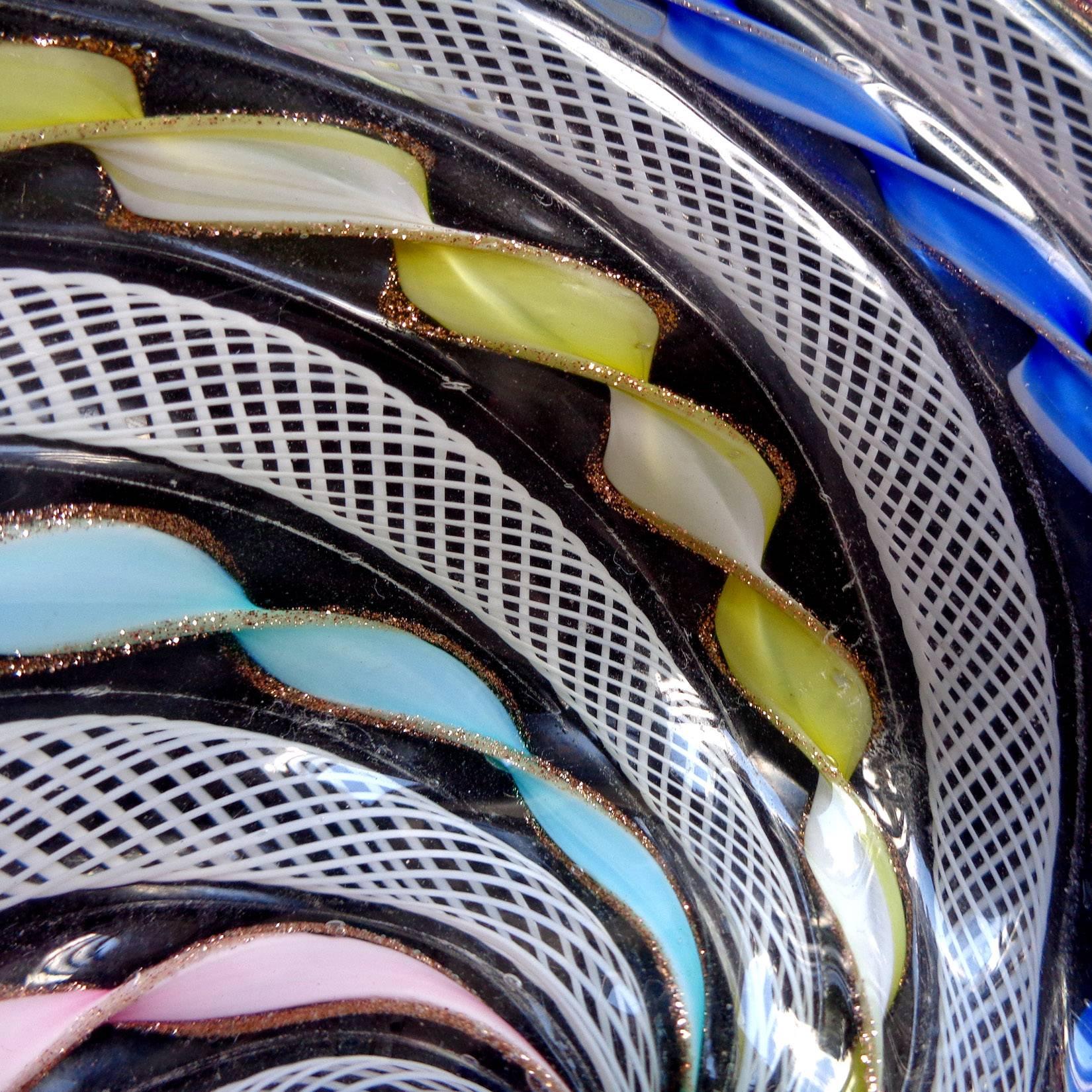 Mid-Century Modern Murano Rainbow Zanfirico Latticino Ribbons Italian Art Glass Pin Ring Dishes