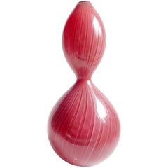 Modern Signed Red and White Ribbons Art Glass Gourd Flower Vase