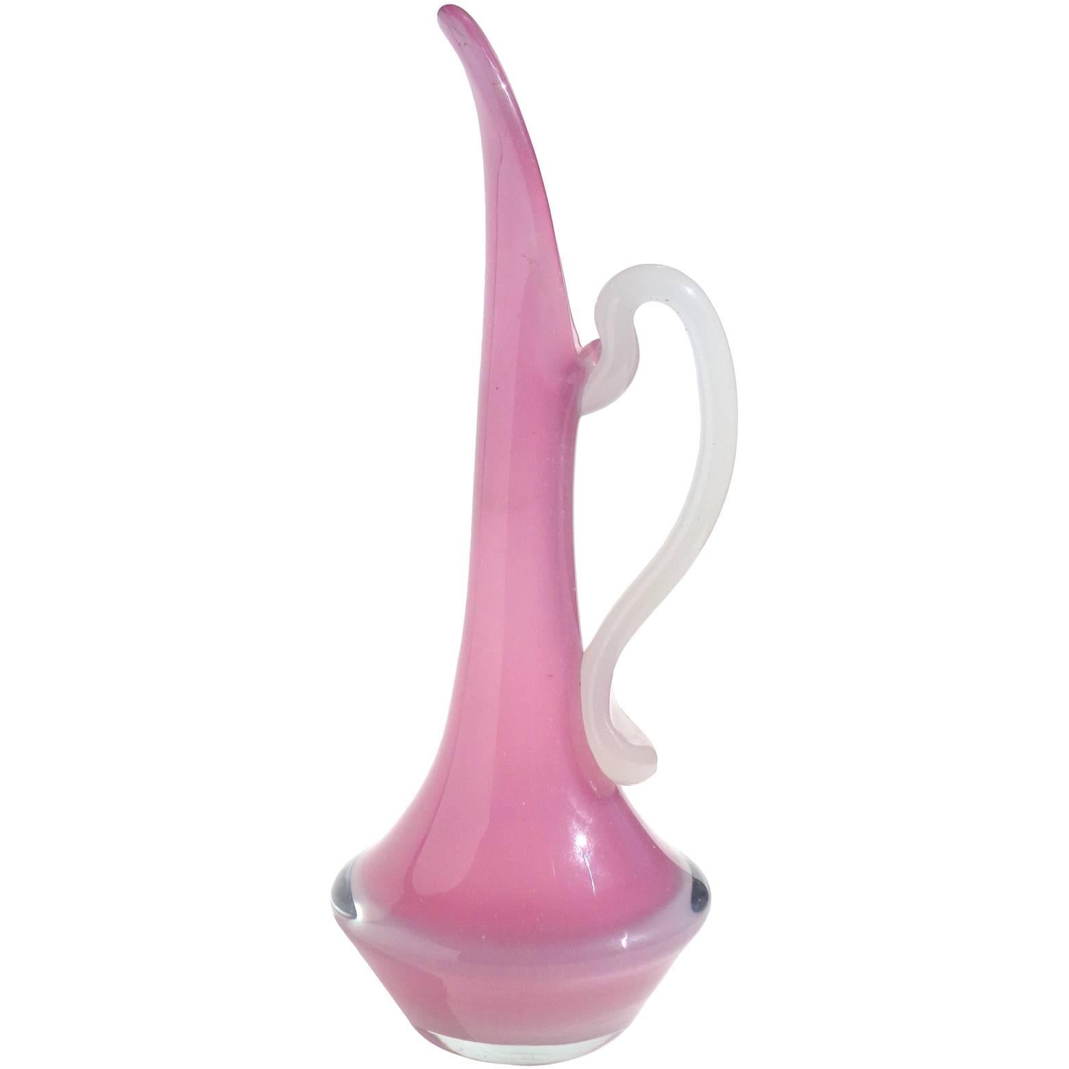 Murano Opalescent Pink and White Handle Italian Art Glass Pitcher Ewer