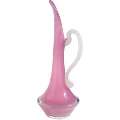 Vintage Murano Opalescent Pink and White Handle Italian Art Glass Pitcher Ewer