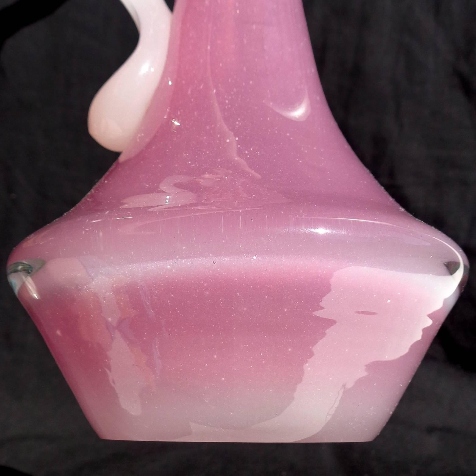Mid-Century Modern Murano Opalescent Pink and White Handle Italian Art Glass Pitcher Ewer