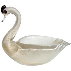 Murano White Gold Flecks Italian Art Glass Swan Decorative Sculptural Bowl