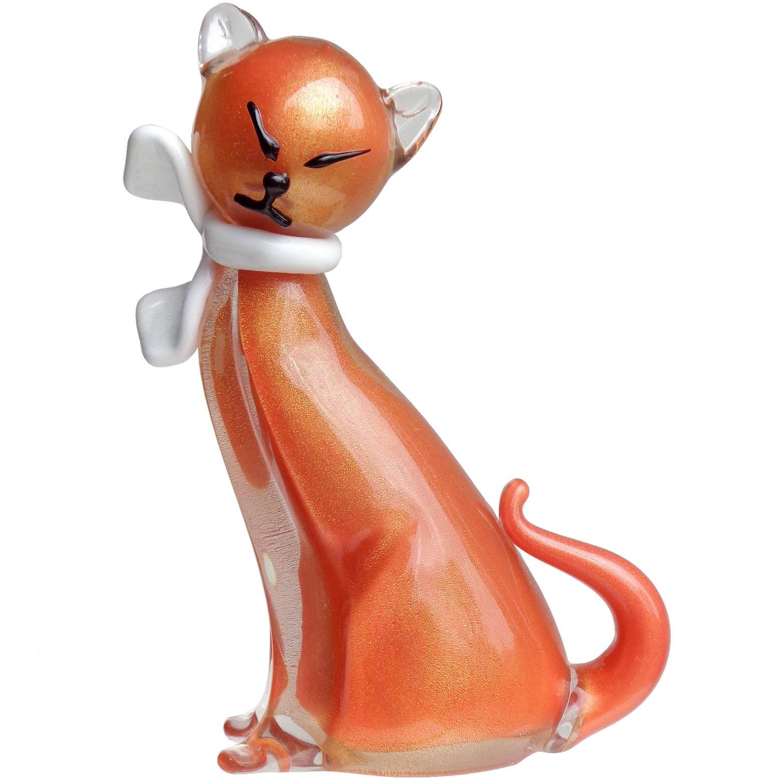 Alfredo Barbini Murano Orange Gold Flecks Italian Art Glass Kitty Cat