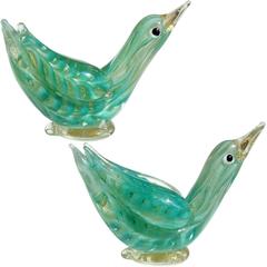 Ercole Barovier Murano Green Gold Flecks Italian Art Glass Bird Sculptures 10
