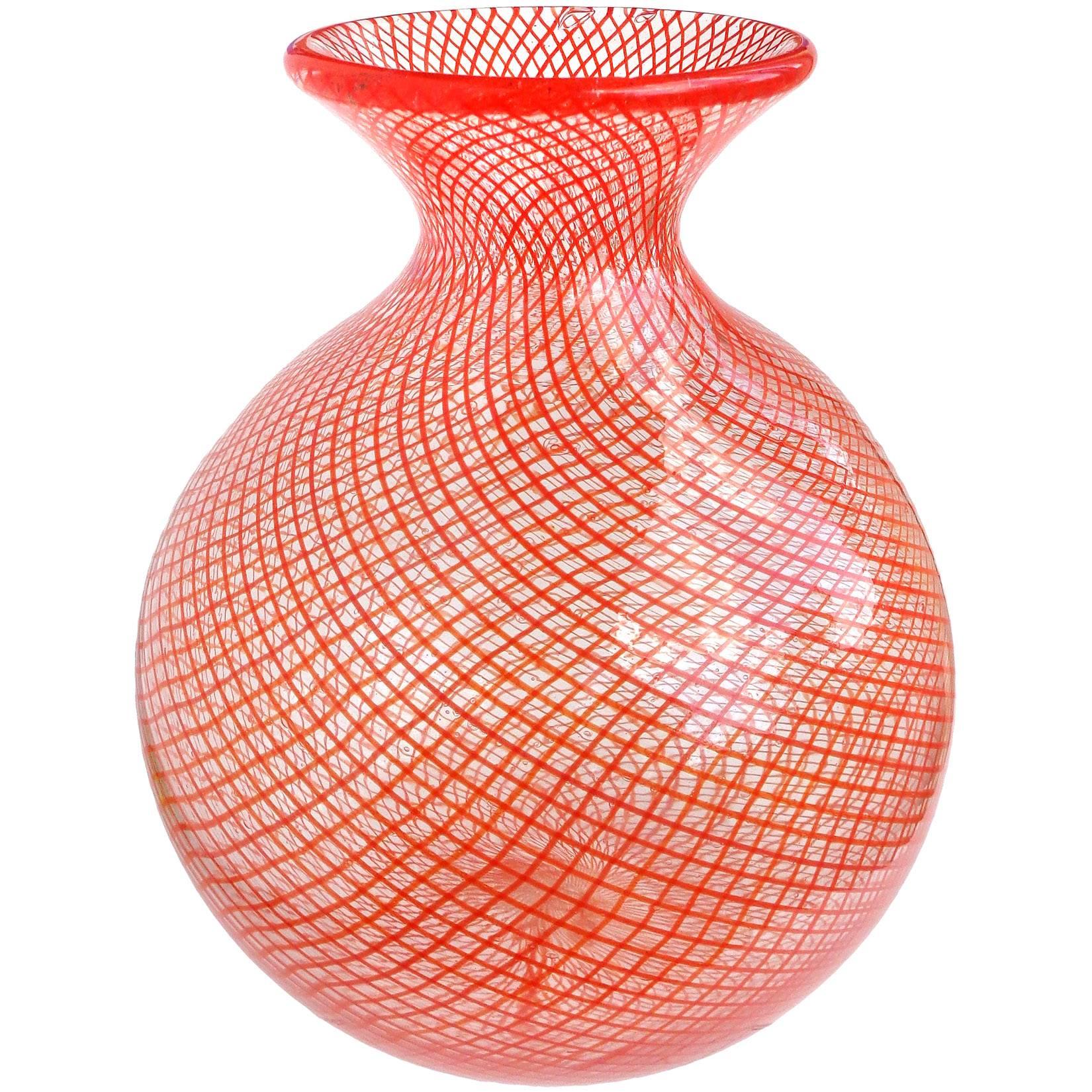 Seguso Vetri d'Arte Murano Orange Net Ribbons Italian Art Glass Flower Vase